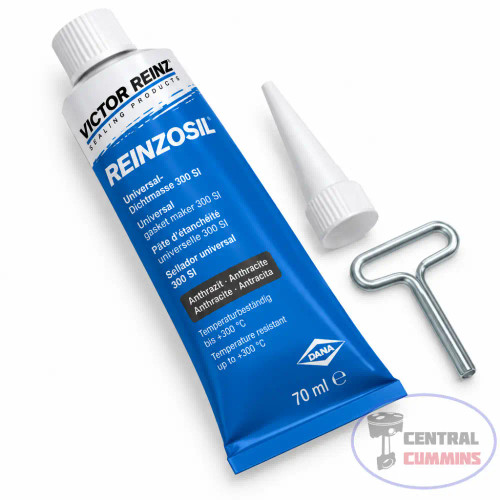تیوب چسب واشرساز ویکتور رینز مدل Reinzosil به همراه نازل تزریق و کلید تخلیه روی پسزمینه سفید استودیویی